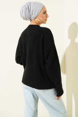 Taş Düğmeli Yumoş Triko Kısa Hırka Siyah - Hırka