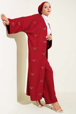 Taş Fiyonklu Kimono İkili Takım Bordo 