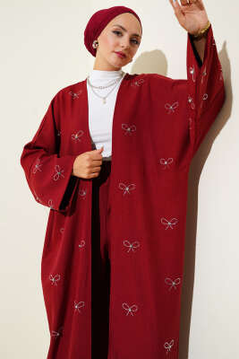 Taş Fiyonklu Kimono İkili Takım Bordo - İkili Takım