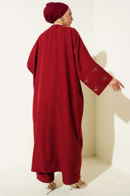 Taş Fiyonklu Kimono İkili Takım Bordo - İkili Takım