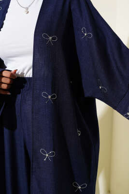 Taş Fiyonklu Kimono İkili Takım Lacivert - İkili Takım