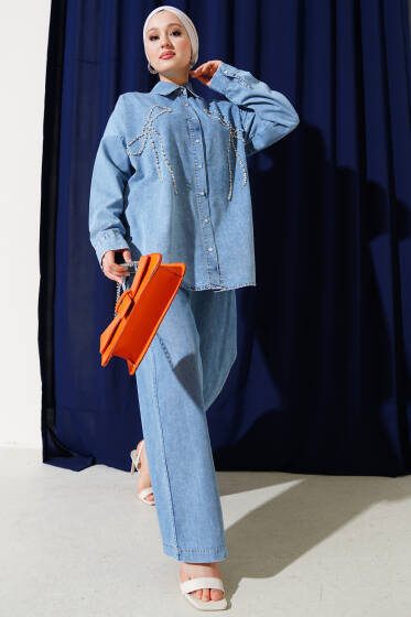 Taş Fiyonklu Salaş Kot İkili Takım Mavi - İkili Takım