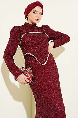 Taş İşlemeli Abiye İkili Takım Bordo - İkili Takım