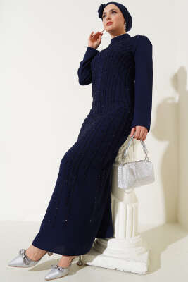 Taş İşlemeli Büyük Beden Elbise Lacivert - ELİF ARTAR