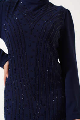 Taş İşlemeli Büyük Beden Elbise Lacivert - Tesettür Elbise