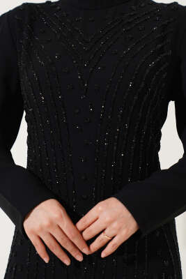 Taş İşlemeli Büyük Beden Elbise Siyah - Tesettür Elbise