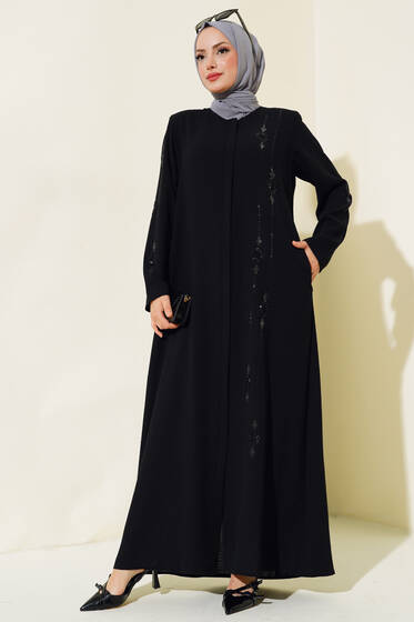 Taş İşlemeli Ferace Siyah - Ferace