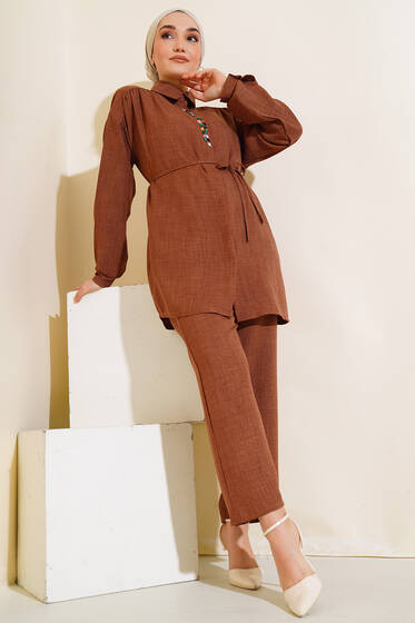 Taş İşlemeli Keten İkili Takım Kahve - İkili Takım