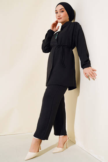 Taş İşlemeli Keten İkili Takım Siyah - İkili Takım