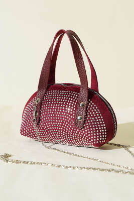 Taş İşlemeli Mini Çanta Bordo - Kol Çantası