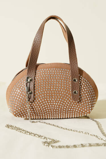 Taş İşlemeli Mini Çanta Vizon - Bel Çantası