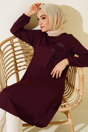 Taş İşlemeli Püskül Detaylı Tunik Bordo - Tunik