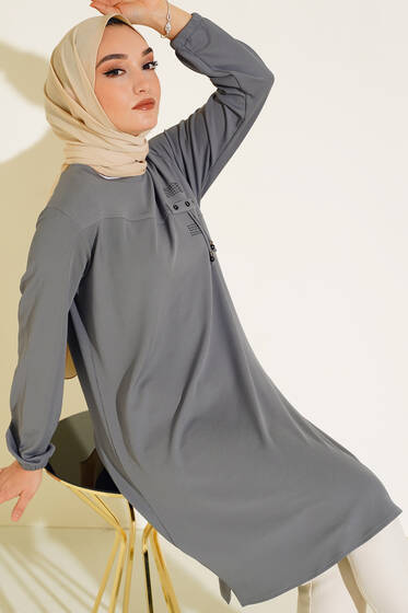 Taş İşlemeli Püskül Detaylı Tunik Gri - Tunik