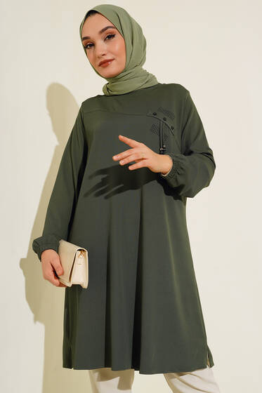 Taş İşlemeli Püskül Detaylı Tunik Haki - Tunik