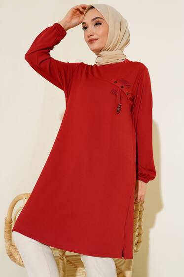 Taş İşlemeli Püskül Detaylı Tunik Kiremit - Tunik