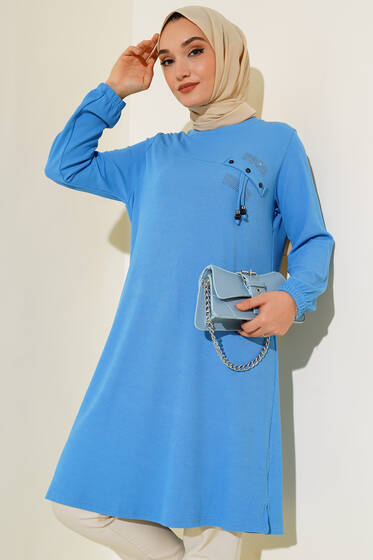 Taş İşlemeli Püskül Detaylı Tunik Mavi - Tunik