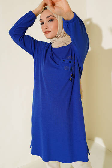 Taş İşlemeli Püskül Detaylı Tunik Saks - Tunik