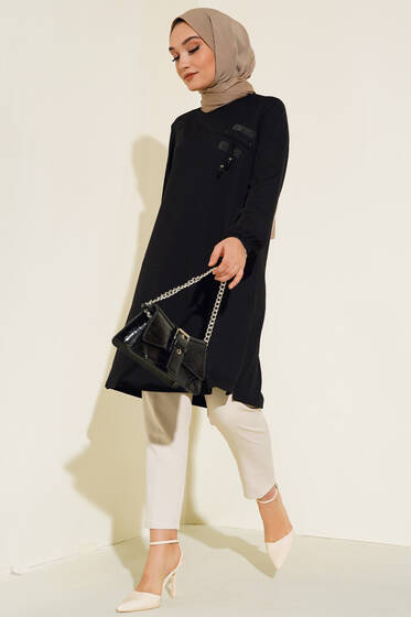 Taş İşlemeli Püskül Detaylı Tunik Siyah - Tunik