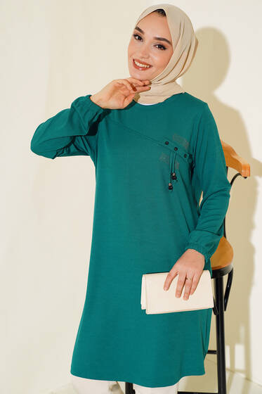 Taş İşlemeli Püskül Detaylı Tunik Yeşil - Tunik