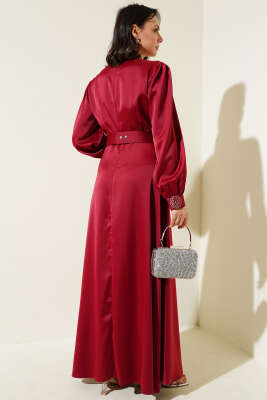 Taş İşlemeli Saten Abiye Elbise Bordo - Tesettür Elbise