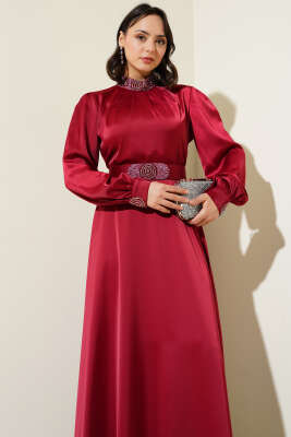 Taş İşlemeli Saten Abiye Elbise Bordo - Tesettür Elbise