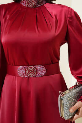 Taş İşlemeli Saten Abiye Elbise Bordo - Tesettür Elbise