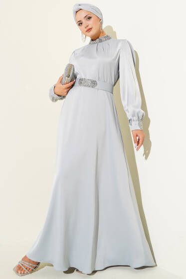 Taş İşlemeli Saten Abiye Elbise Gri - Elbise
