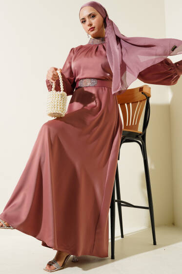 Taş İşlemeli Saten Abiye Elbise Gül Kurusu - Elbise