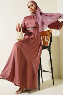 Taş İşlemeli Saten Abiye Elbise Gül Kurusu 