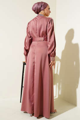 Taş İşlemeli Saten Abiye Elbise Gül Kurusu - Tesettür Elbise