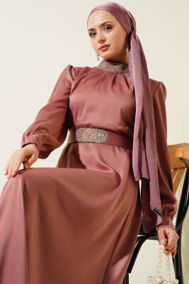 Taş İşlemeli Saten Abiye Elbise Gül Kurusu - Tesettür Elbise