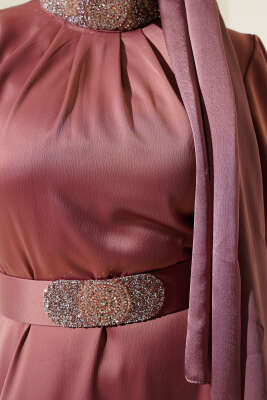 Taş İşlemeli Saten Abiye Elbise Gül Kurusu - Tesettür Elbise