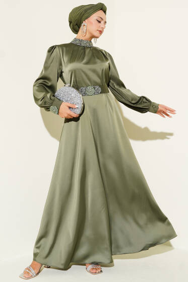 Taş İşlemeli Saten Abiye Elbise Haki - Elbise