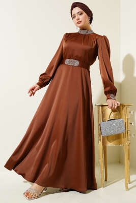 Taş İşlemeli Saten Abiye Elbise Kahve 