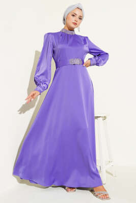 Taş İşlemeli Saten Abiye Elbise Lila - 700-1000 TL Ürünler