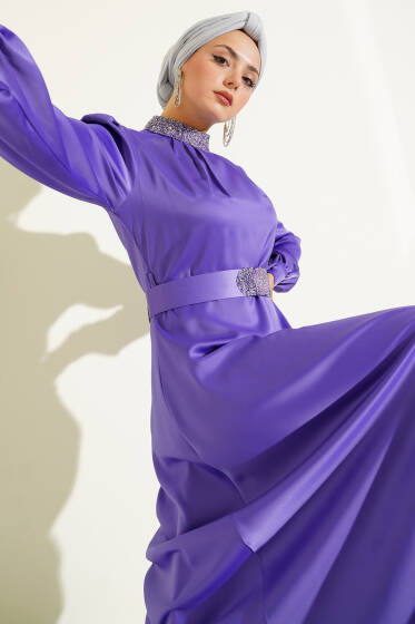 Taş İşlemeli Saten Abiye Elbise Lila - Elbise