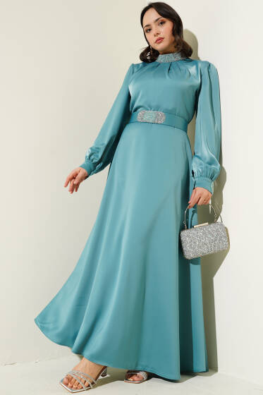 Taş İşlemeli Saten Abiye Elbise Mint - Elbise