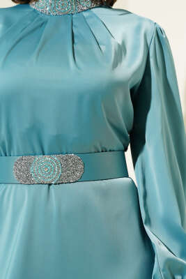 Taş İşlemeli Saten Abiye Elbise Mint - Tesettür Elbise
