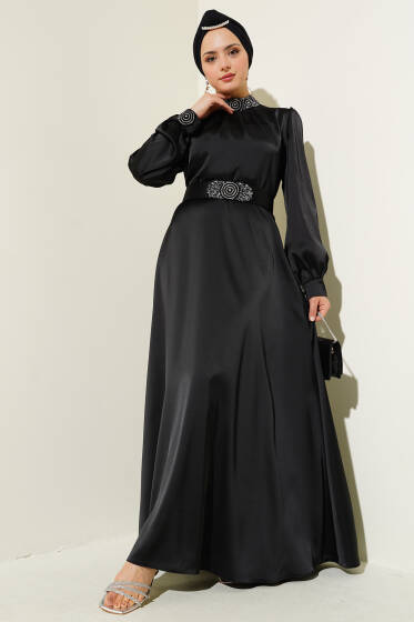 Taş İşlemeli Saten Abiye Elbise Siyah - Elbise