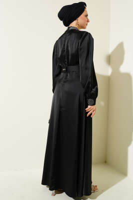 Taş İşlemeli Saten Abiye Elbise Siyah - Tesettür Elbise