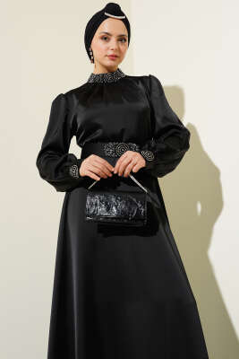 Taş İşlemeli Saten Abiye Elbise Siyah - Tesettür Elbise