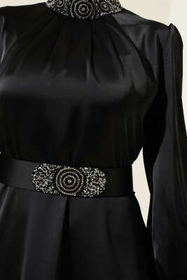 Taş İşlemeli Saten Abiye Elbise Siyah - Tesettür Elbise