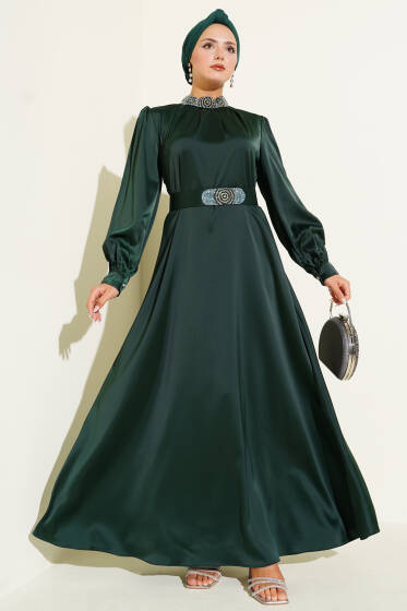 Taş İşlemeli Saten Abiye Elbise Zümrüt - Elbise