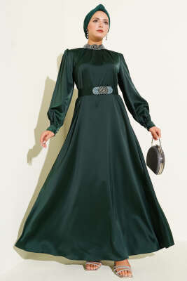 Taş İşlemeli Saten Abiye Elbise Zümrüt 