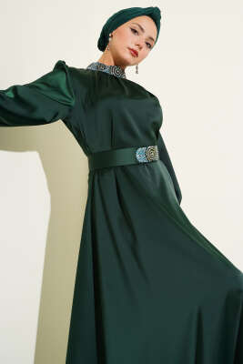Taş İşlemeli Saten Abiye Elbise Zümrüt - Tesettür Elbise