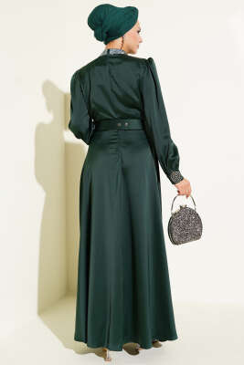 Taş İşlemeli Saten Abiye Elbise Zümrüt - Tesettür Elbise