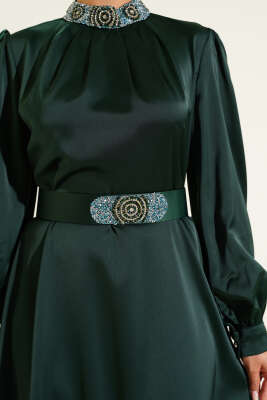 Taş İşlemeli Saten Abiye Elbise Zümrüt - Tesettür Elbise