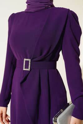 	 Taş Kemerli Elbise Mor - Tesettür Elbise