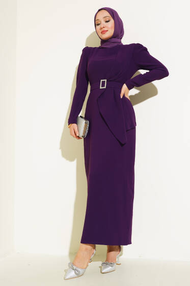 	 Taş Kemerli Elbise Mor - Tesettür Elbise