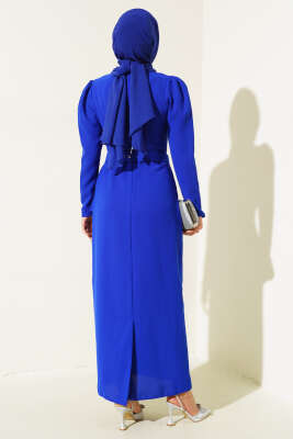 Taş Kemerli Elbise Saks - Tesettür Elbise